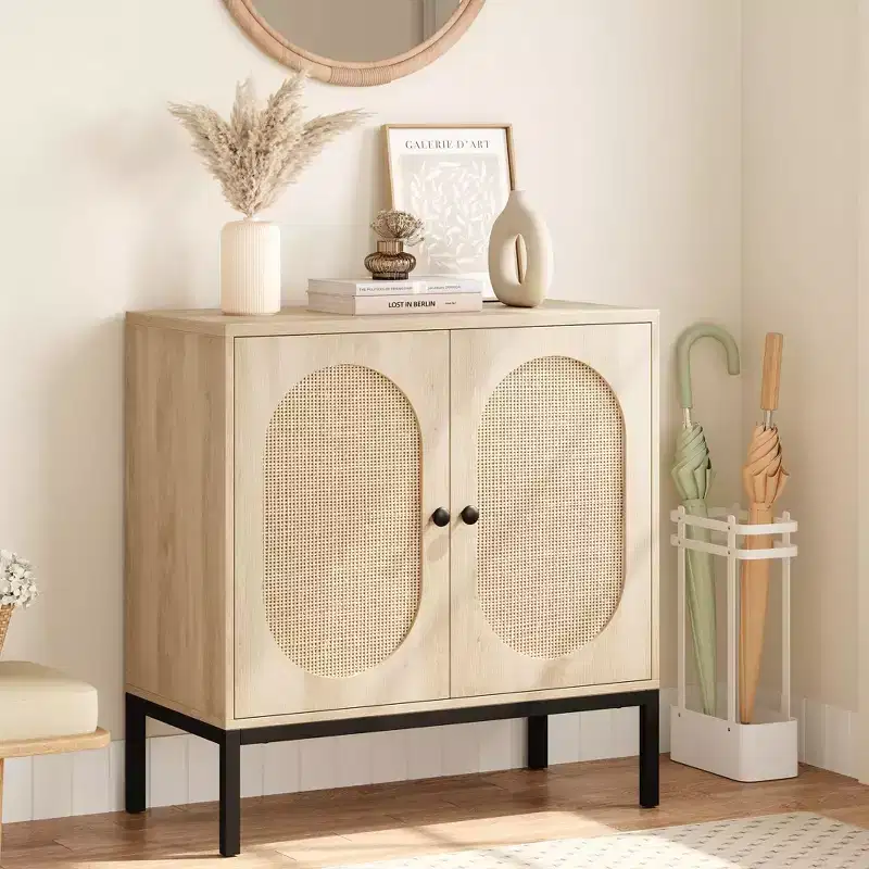 Sideboard Buffet Cabinet, 2 Pack Beige Accent Storage Cabinets with Rattan Doors, Metal Feet for Home