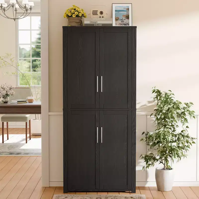 Kitchen Pantry Cabinet, Freestanding Food Storage Cabinet with 4 Doors & Adjustable Shelves, Floor Utility Storage Organizer