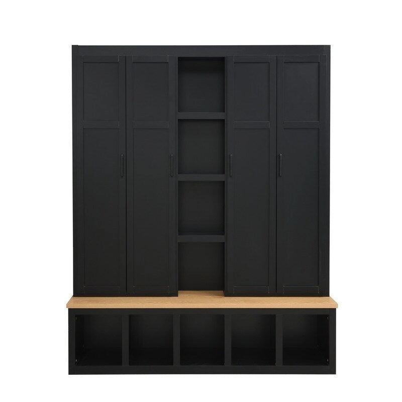 Farmhouse 4-in-1 Hall Tree with Open Display Shelves, Mudroom Shoe Bench with Open Compartments, Entryway Coat Rack with 6 Hooks