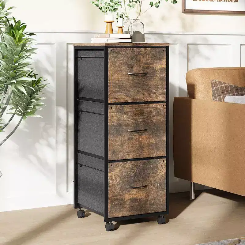 Espresso 3-Drawer File Cabinet with Metal Frame & Wheels – 1 Person