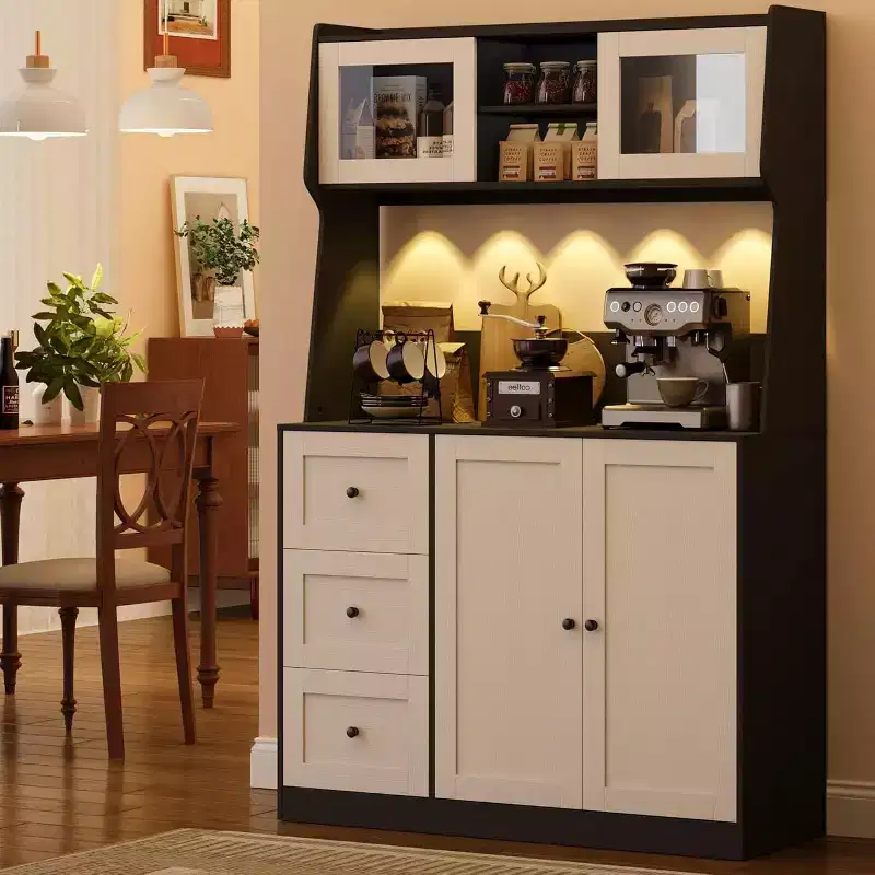 67 Tall Adjustable Storage Cabinet with Tempered Glass Doors, Spacious Countertop, Modern Kitchen Pantry, Coffee Bar, Office Organizer
