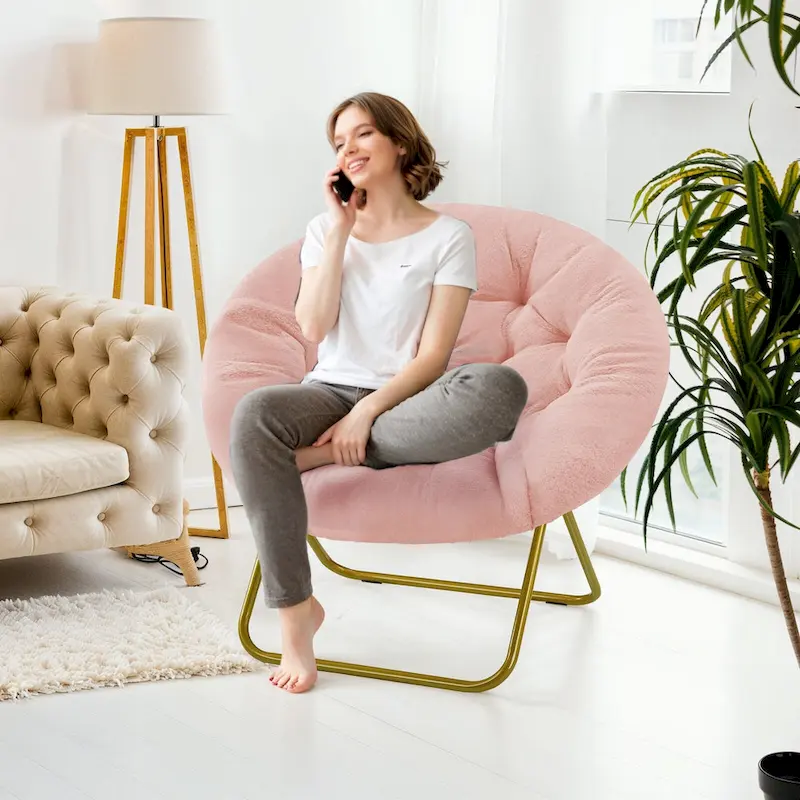 Foldable Saucer Chair with Faux Fur Cushion