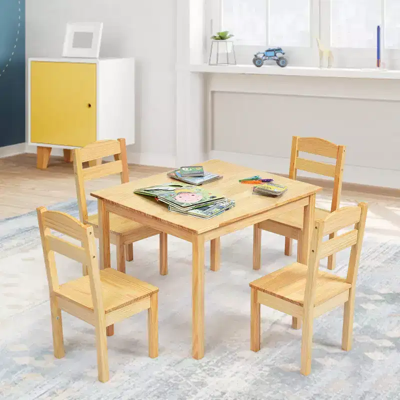 Costway Kids 5 Piece Table Chair Set Pine Wood Children Play Room Furniture Natural