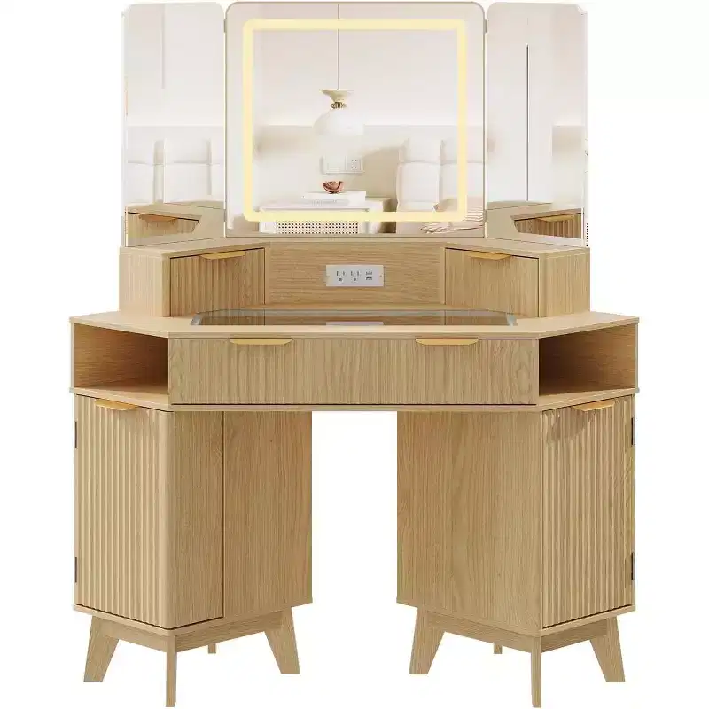 48 Corner Vanity Desk, Fluted Makeup Vanity Desk with Glass Top, for Bedroom