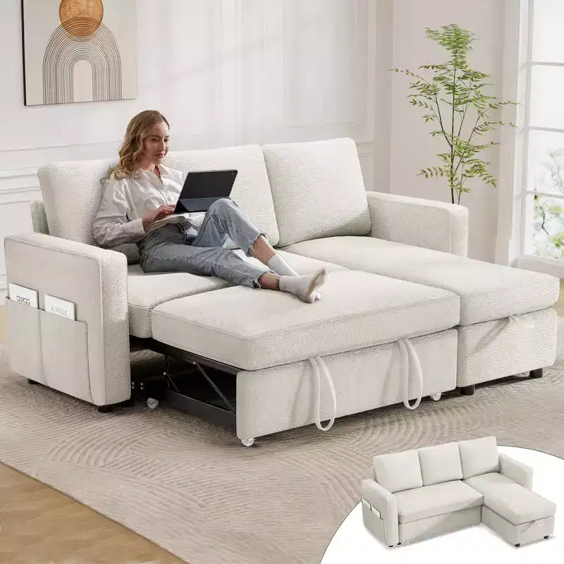 Dyonery 2 in 1 Pull Out Couch with Reversible Storage Chaise for Room 81Sectional L-Shaped Couch Sofa Sleeper with Side Pockets
