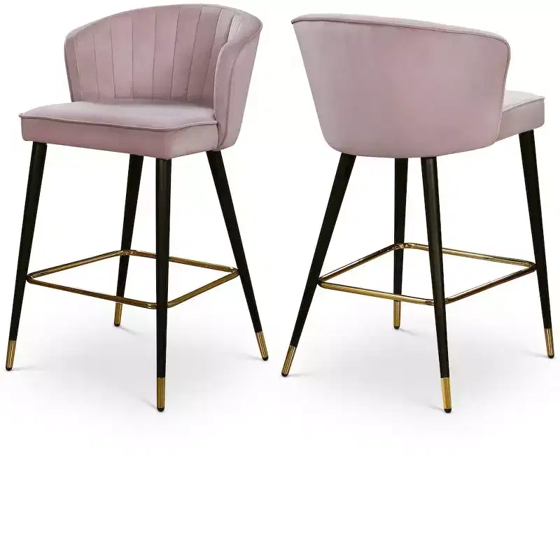 Meridian Furniture,Cassie Pink Velvet Stool, Set of 2
