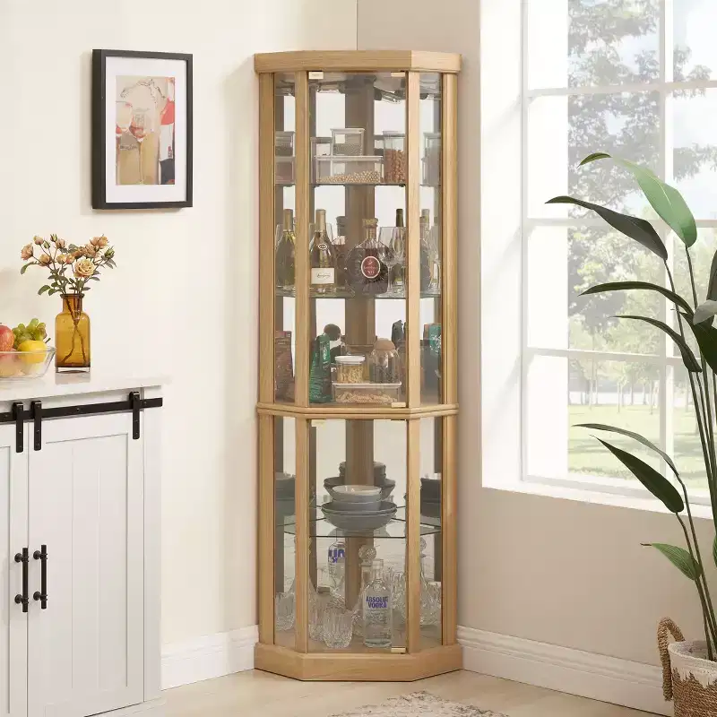 Corner Cabinet with Curio Glass Doors and Shelves, Corner Display Case for Living Room