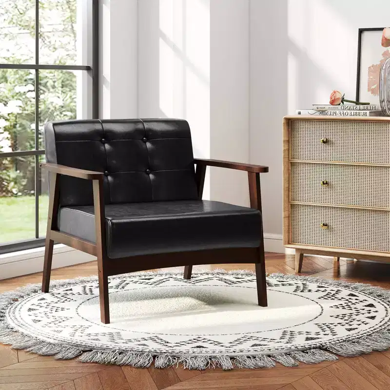 Costway Accent Chair with Armrest & Rubber Wood Frame Button Tufted Chair for Living Room Brown/Black