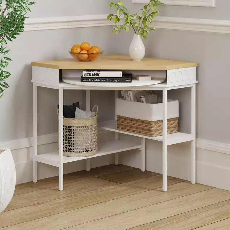White & Oak Rotating Corner Side Table with Curved Drawer and Open Shelves