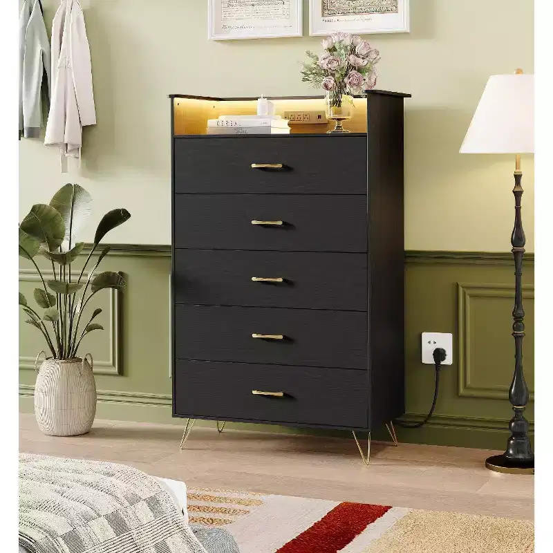 Modern 5-Drawer Tall Dresser for Bedroom, Wood Chest of Drawers with Silent Closing Slides, Water-Resistant, 33.3x16.7x53.1 in