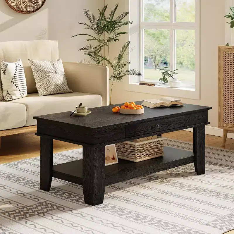 Rustic Rectangular Coffee Table with Sliding Drawer & Open Shelf, Farmhouse Style