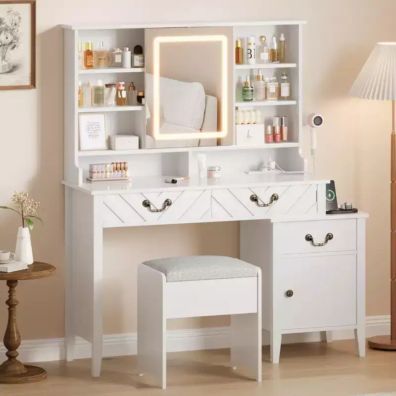 Vanity Desk with Sliding Mirror, Makeup Table with Stool, Modern Extendable Makeup Table, for Home, Living Room