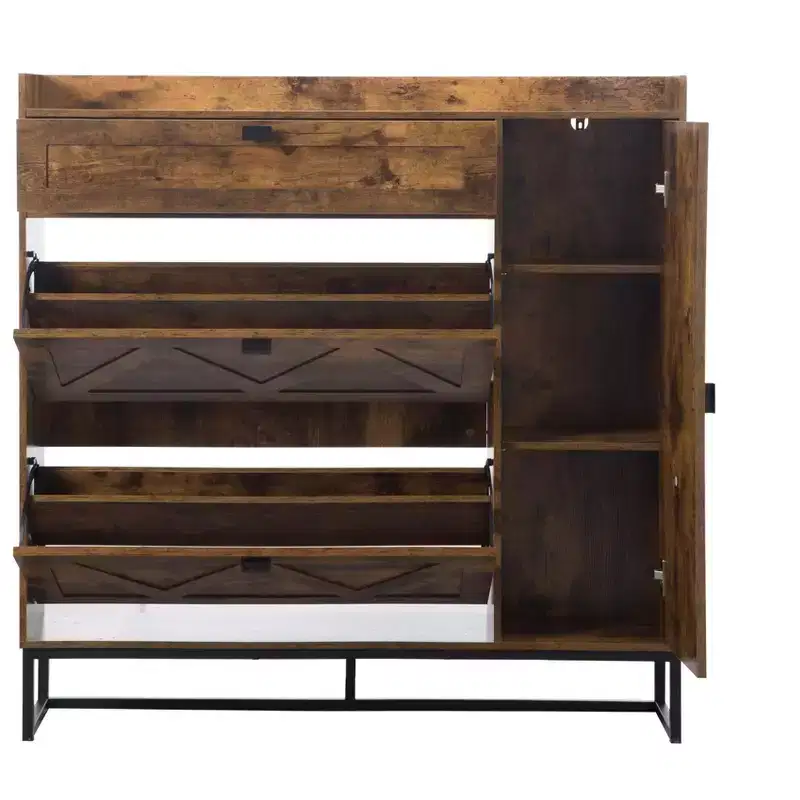AEELLEEA Rustic Brown 4-Door Shoe Storage Cabinet: Farmhouse Entryway Organizer with Flip Drawers
