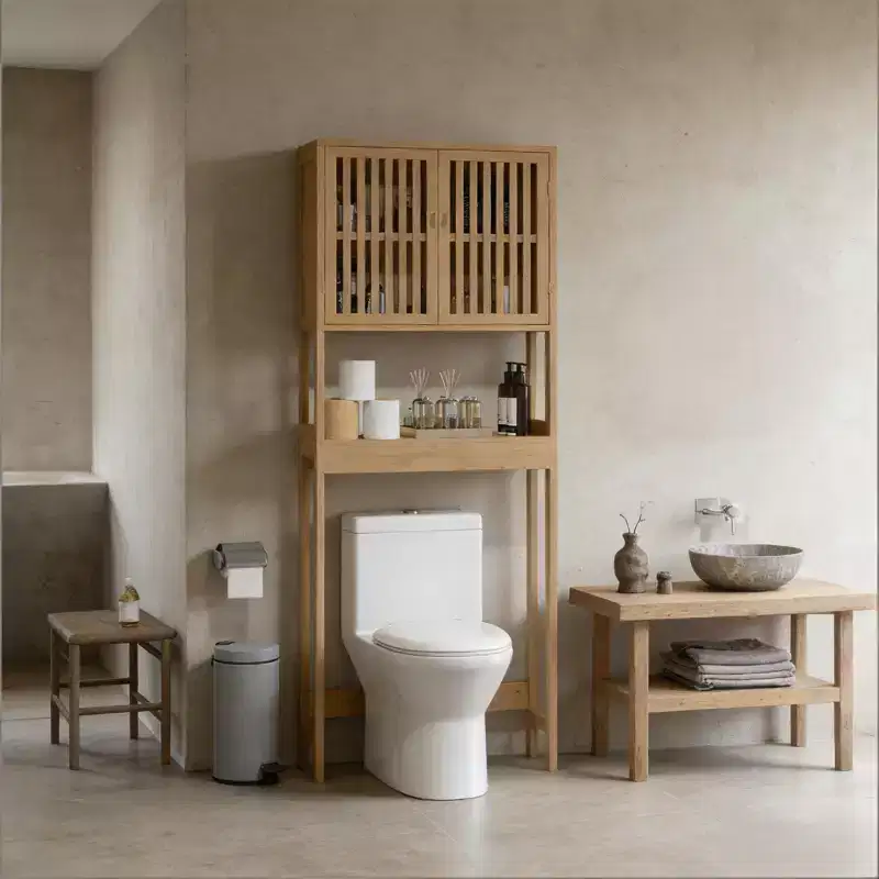 GDFStudio Rhett Vertical Bamboo Over Toilet Storage Cabinet with Adjustable Shelves and Slatted Doors
