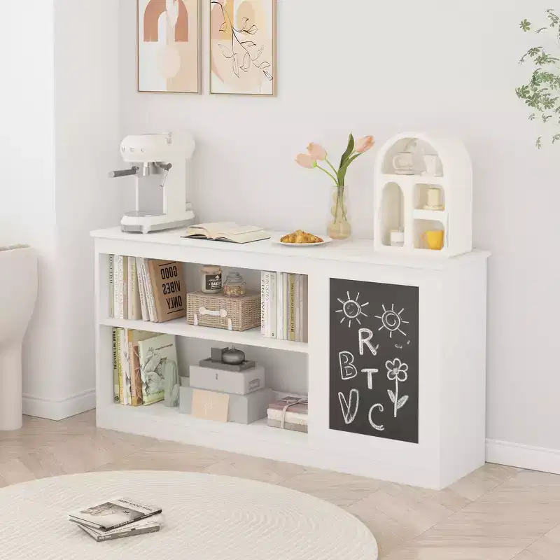 3-in-1 Kids Bookshelf and Toy Storage Cabinet with Chalkboard, Dual Open Shelves - White