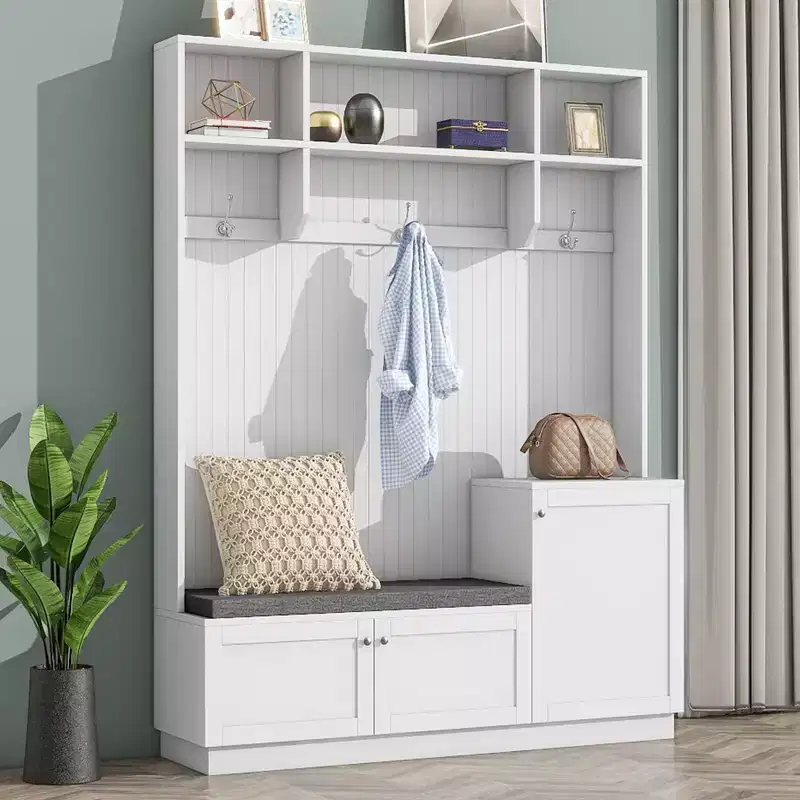 Elegant Hall Tree with 3 Hooks and 3 Top Shelves, Freestanding Coat Rack with Shoe Cabinet and Cushion Bench, Coat Tree for Living Room, White