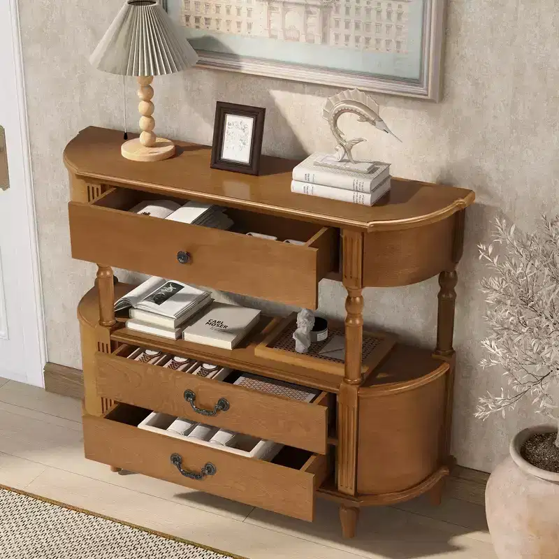 JVNOXK 43-inch Vintage Curved Wood Console Table with 3 Drawers, Entryway Table with Storage Shelf, Suitable for Living Room , Brown