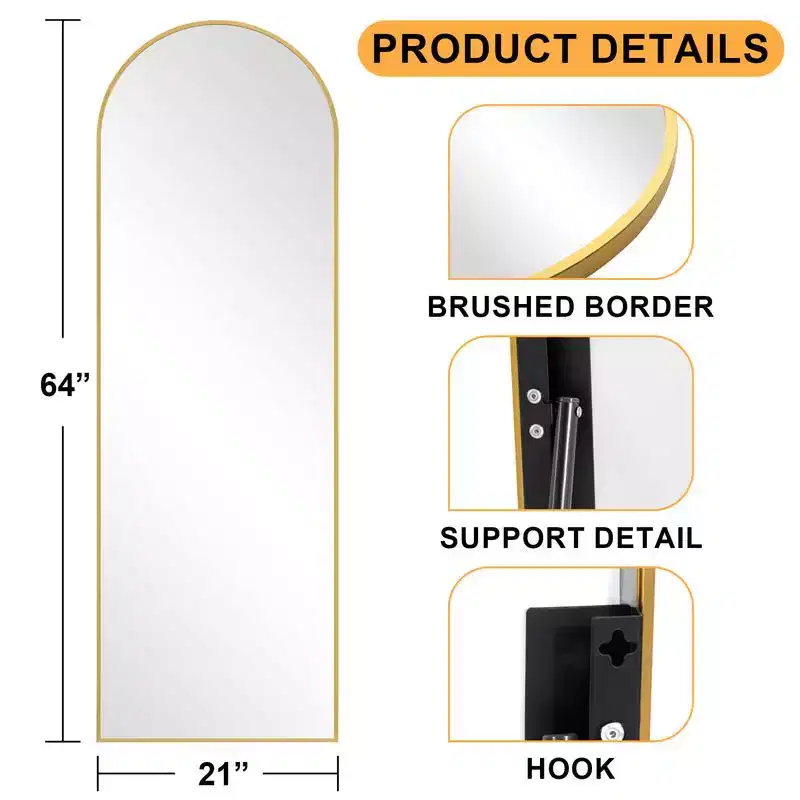 PexFix 21 in. W. x 64 in. H Full Length Arched Free Standing Body Mirror Metal Framed Wall Mirror Large Floor Mirror in Gold