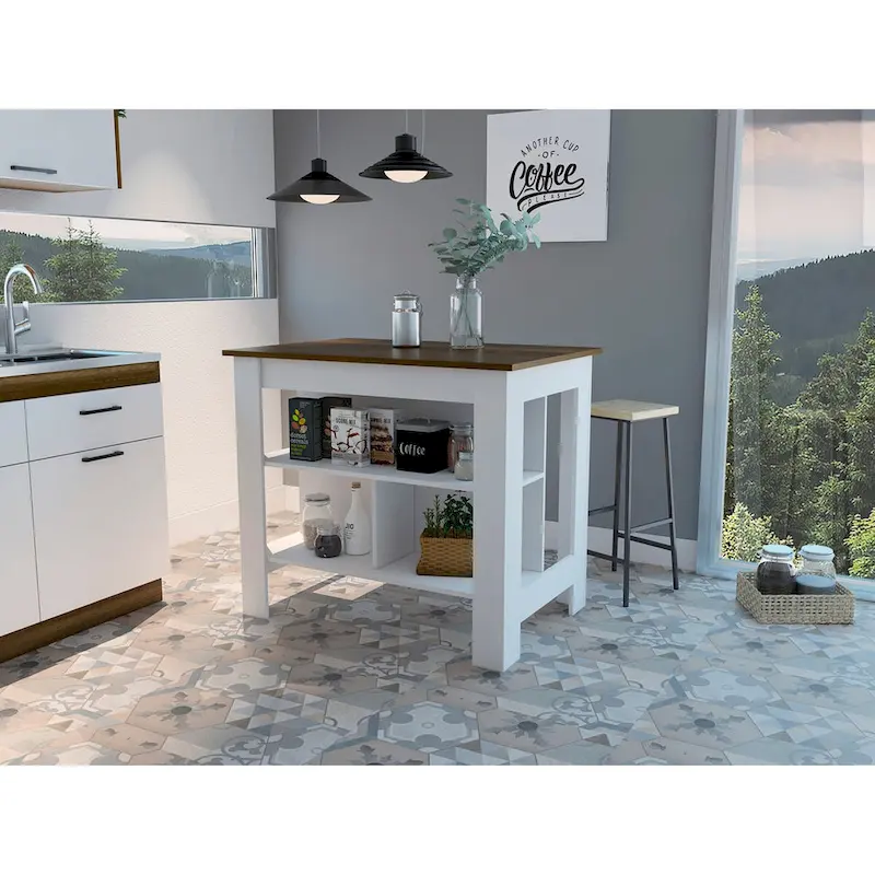 3-Shelf Kitchen Island White and Walnut