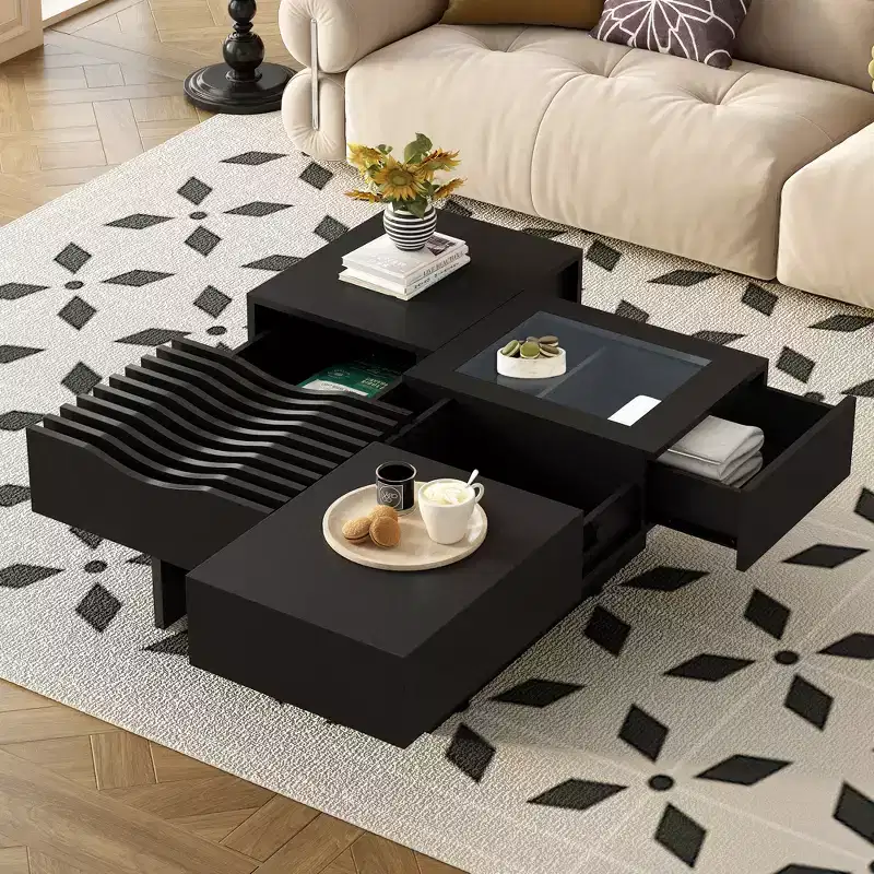 CLIHOME 33 Mid Century Unique Square Wooden Modern Coffee Table with 3 Drawers, Tempered glass and Solid Wood Legs
