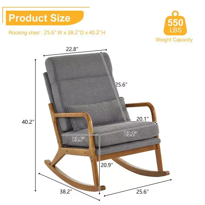 Upholstered Gray Rocking Chair, Solid Wood Rockers, 300 lb Capacity