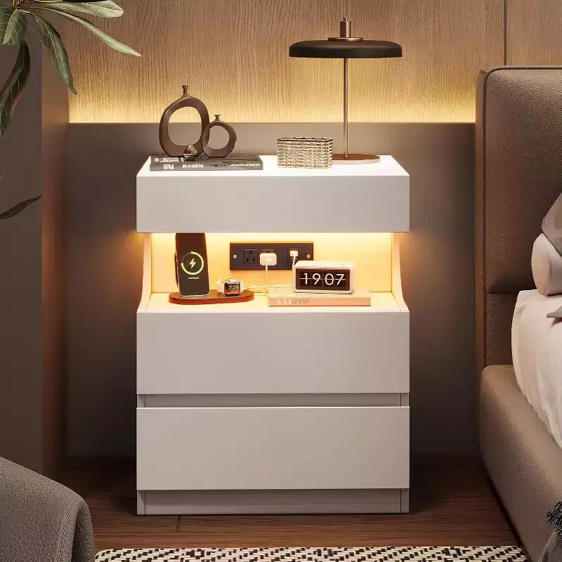 Smart LED Nightstand with App Control | 3 Drawers & U-Shape Shelf | USB/AC Charging Station | White Modern Bedside Table for Bedroom