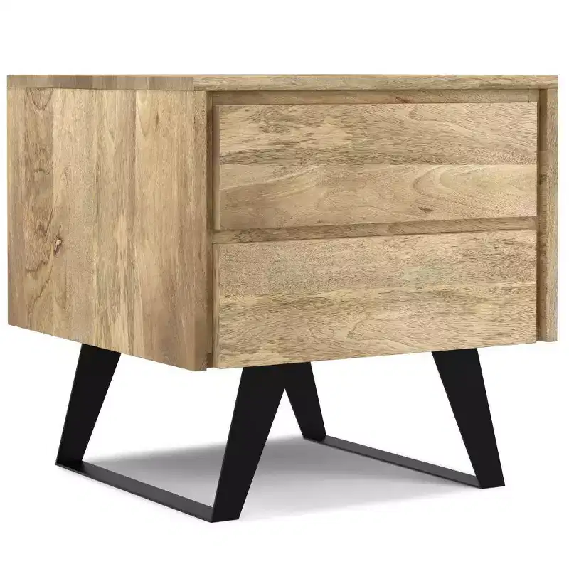 Natural Mango Wood Side Table with Industrial Metal Hardware and Storage Drawers