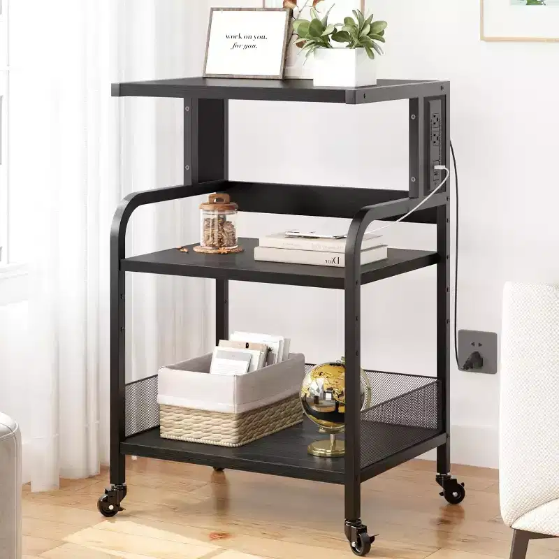 3-Tier Heavy Duty Rolling Printer Stand, Industrial Mobile Office Cart with Adjustable Storage Shelves, Lockable Wheels