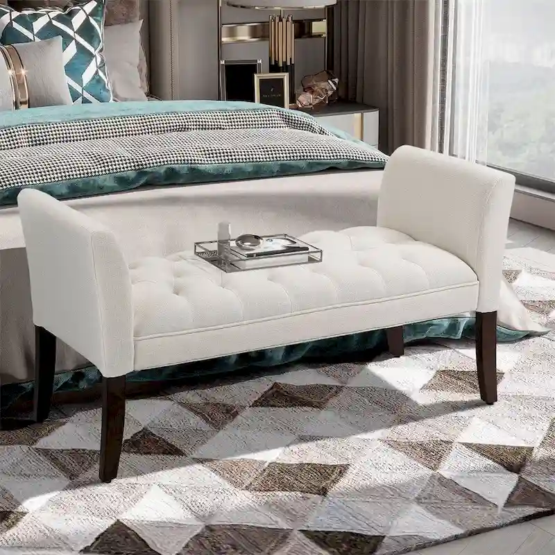 Upholstered Button-Tufted Entryway Bench with Wood Legs, 55 in.