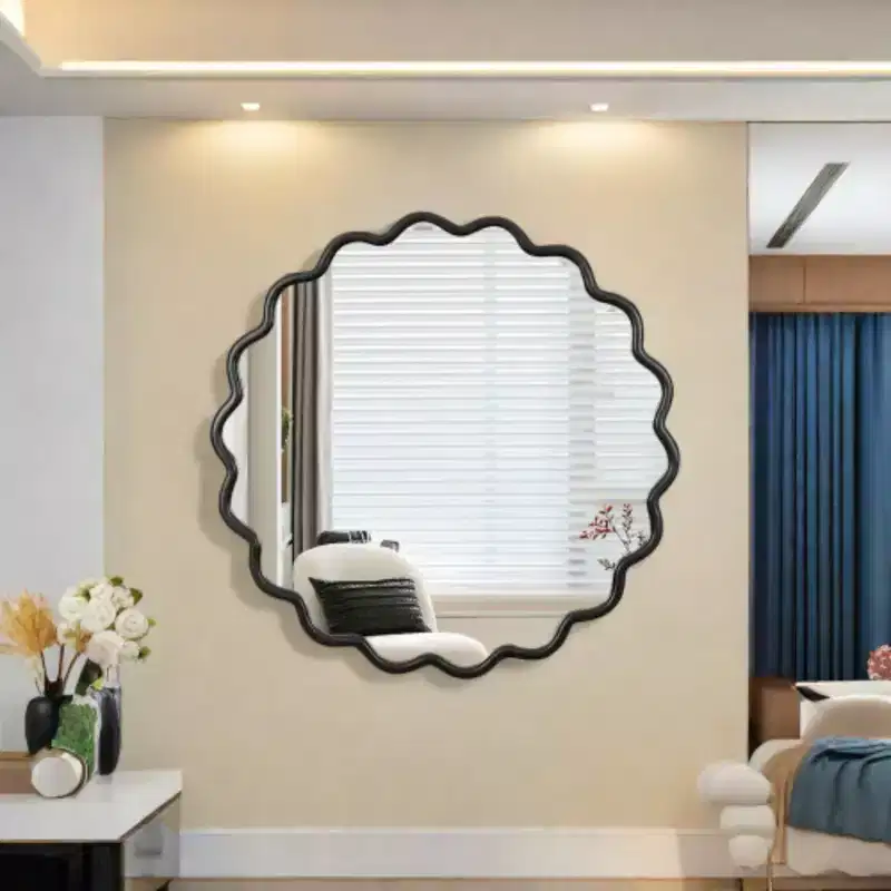 42 x 42 Solid Wood Wavy Mirror-Black Vanity Mirror Wall Decor for Bathroom, Bedroom, Living Room, Dining Room