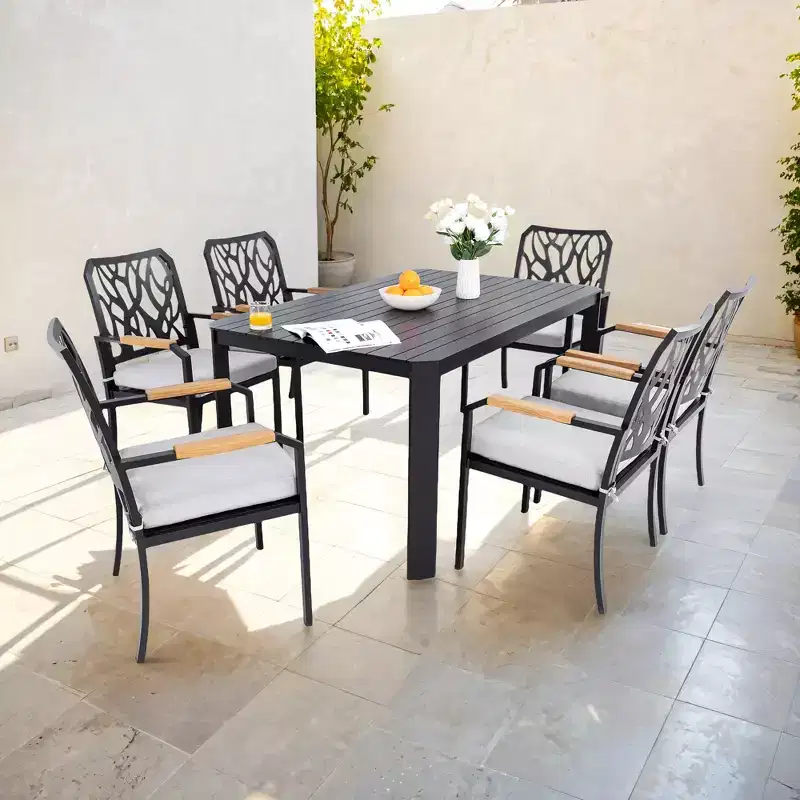 Christopher Knight Home Miles 7 Piece Modern Patio Upholstered Aluminum Dining Set with Sunbrella Cushions and 59 Rectangular Table