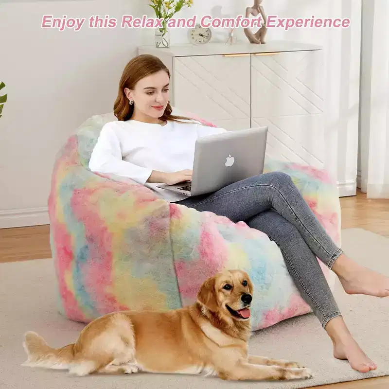 Bean Bag Chair, 32x39x28 Faux Fur Foam Filled - Adult Lazy Sofa for Living Room Dorm Reading Gaming, Pink