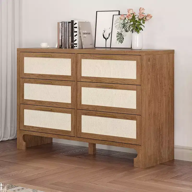 Garvee Dresser for Bedroom with 6 Drawers, Burlap Design Wood Drawer Dresser Chest of Drawers for Closet, Living Room, Hallway, Nursery, Kids Bedroom
