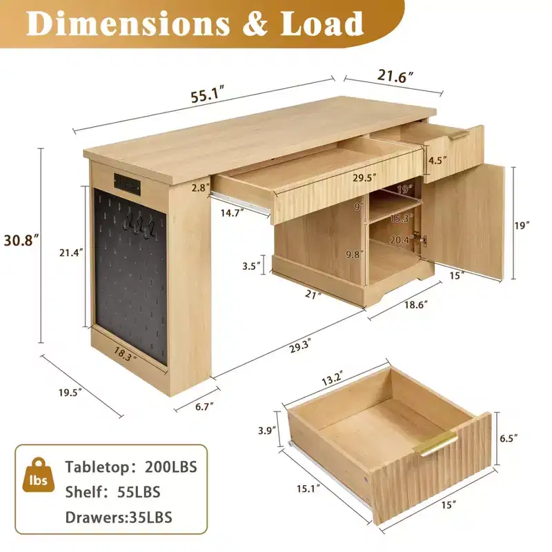 55 Executive Desk with 2 Drawers, Home Office Desk with Power Outlet & Pegboard, Wooden Computer Writing Desk for Living Room, Bedroom