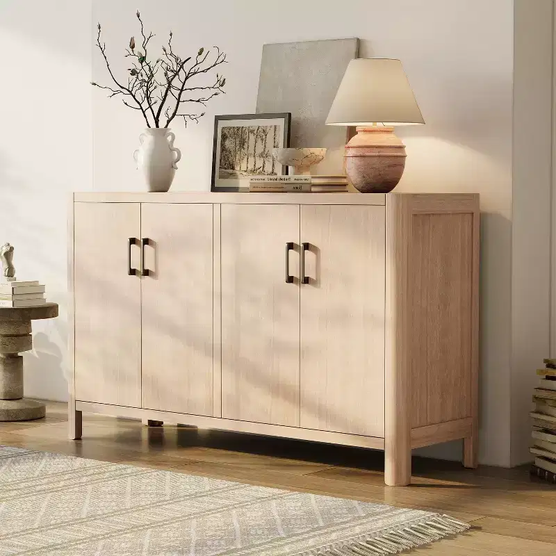 JVNOXK 59-inch Farmhouse-Style Four-Door Cabinet Natural wood veneer finish Rounded corners Storage space included Soft-close hinges Natural color