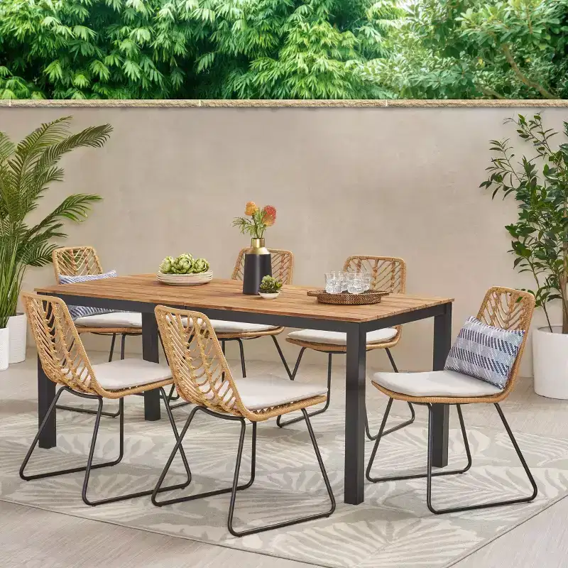 GDFStudio Beaver Outdoor Wicker and Acacia Wood 7 Piece Dining Set, Light Brown/Beige