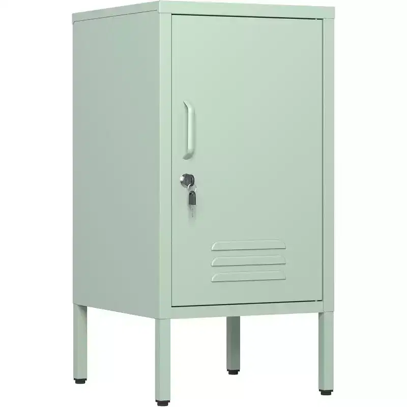 Acekool Lockable Metal End Table with Single Door, 2 Adjustable Shelves, Modern Minimalist Storage Cabinet for Bedroom and Living Room, Pink