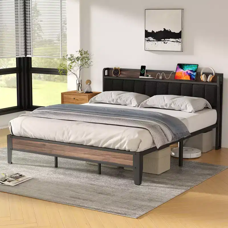 Lusimo Bed Frame California King Upholstered Platform Bed with Storage Headboard and Charging Station