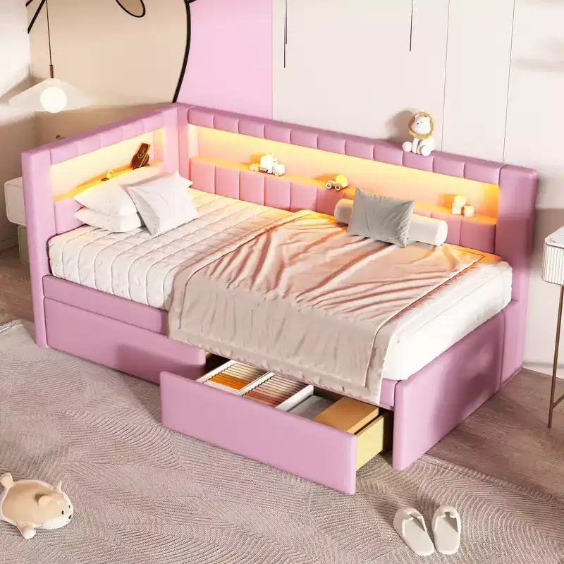 Upholstered Twin Size Daybed with 2 Drawers, Day Bed Frame with Storage L-Shaped Headboard USB Ports and LED