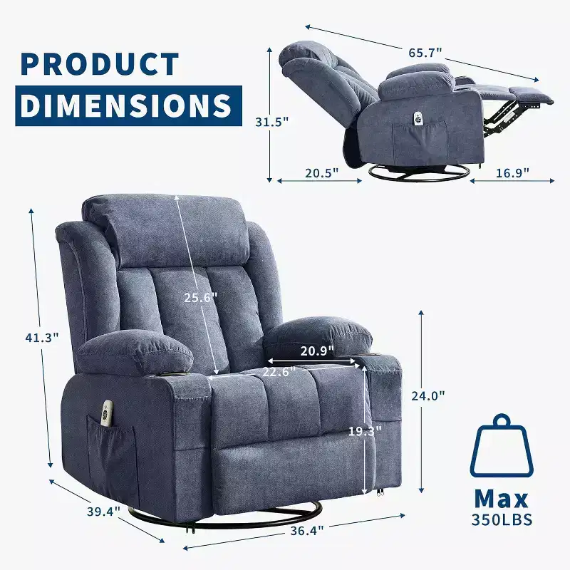 Swivel Recliner Chair,Wide Rocker Chair with Heat Massage,Single Rocking Chair with 3 Positions,2 Side Pockets,Cup Holders,USB Ports,Remote Control