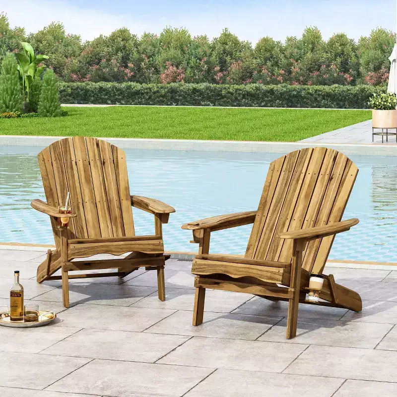 2pk Bellwood Outdoor Acacia Wood Folding Adirondack Chairs Natural - Christopher Knight Home: Weather-Resistant with Cup Holders