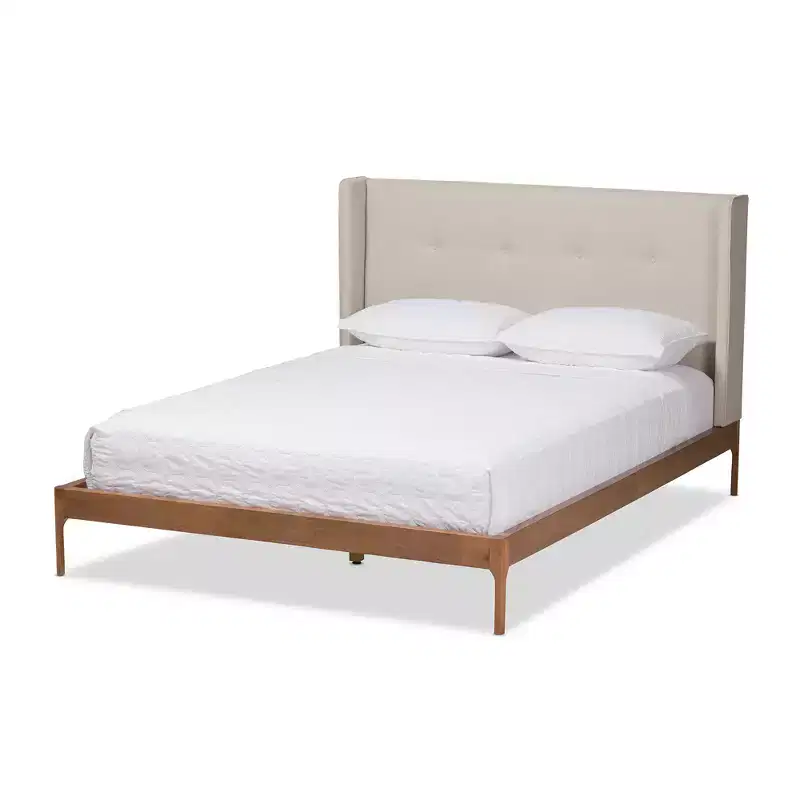 Mid-Century Modern Walnut Wood Fabric Upholstered Platform Bed, Beige