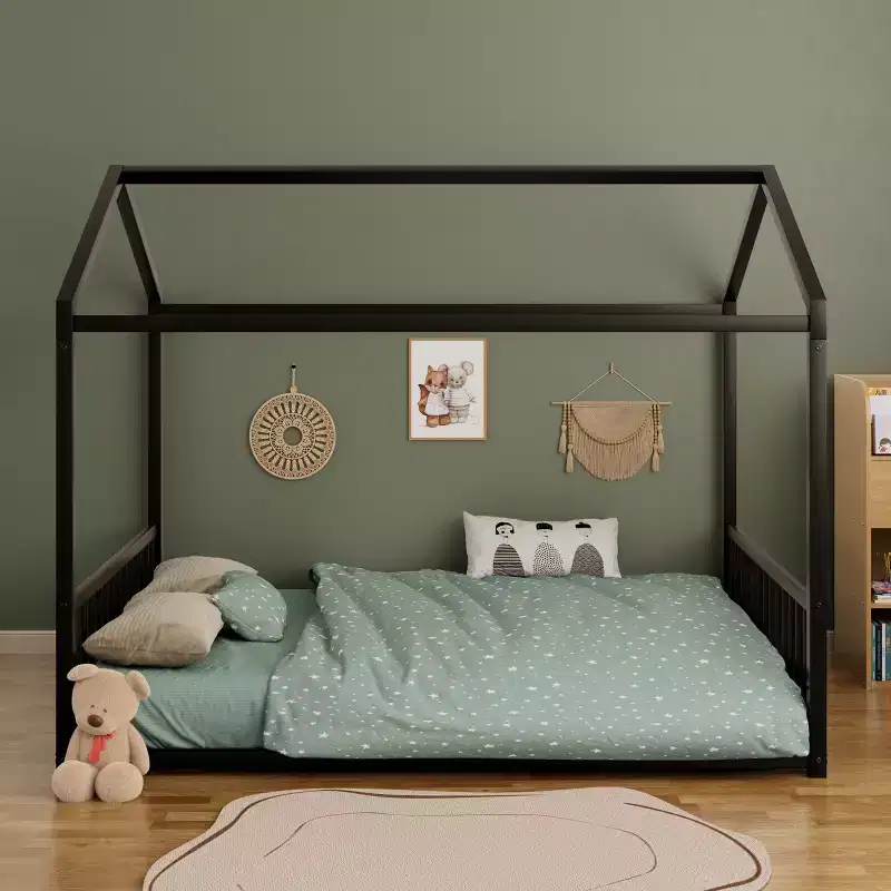 GDFStudio Avery Full Size Metal Floor Bed Frame with House Shape and Guardrails