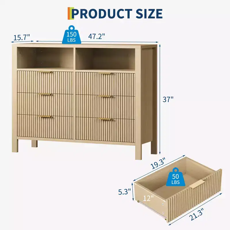 Fluted 6 Drawer Dresser for Bedroom, Tall Wide Chest of Drawers with Storage Organizer, Mid Century Modern Closet Drawer TV Stand for Living Room