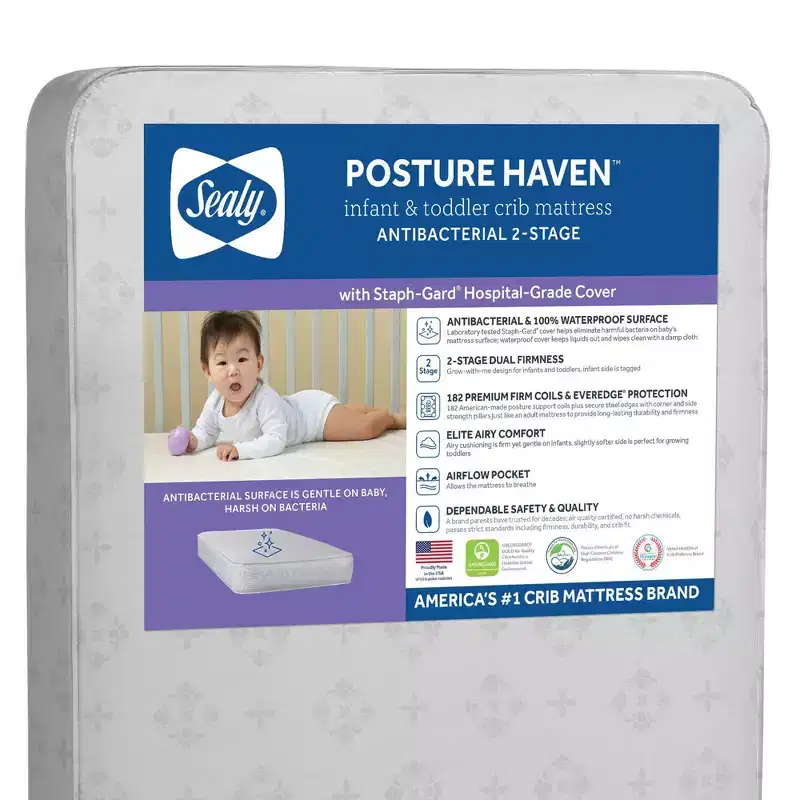 Sealy Posture Haven 2-Stage Crib and Toddler Mattress: Waterproof Cover, Polyester Fiber Fill, No Foam, 5.5 Thick