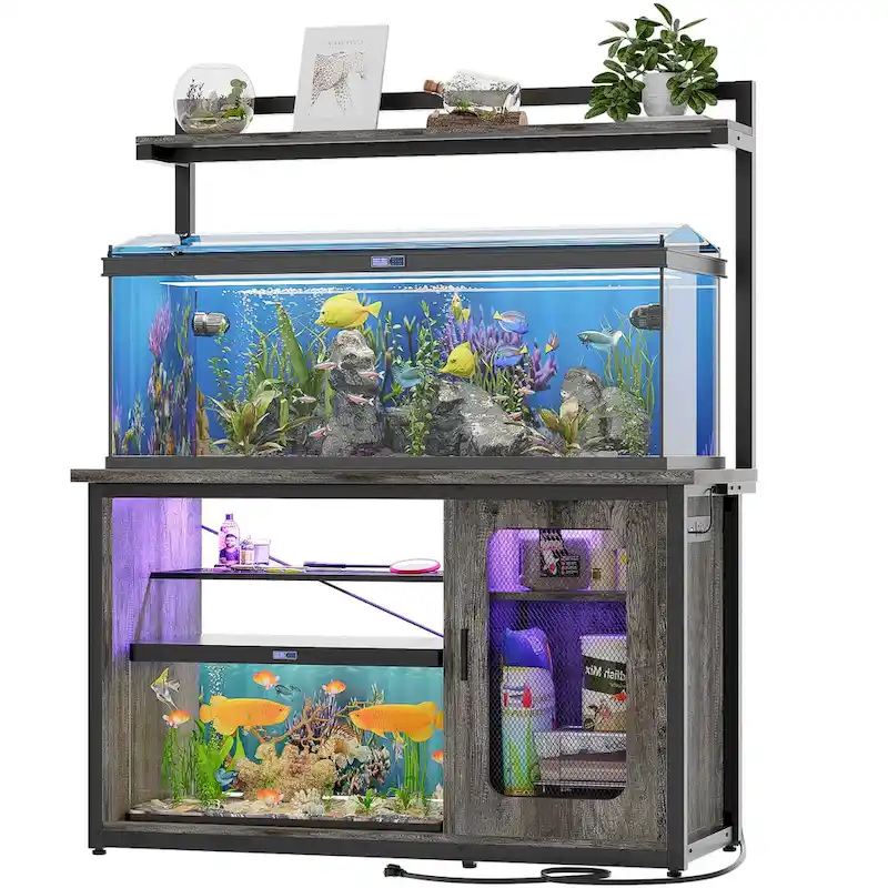 Heavy Duty Aquarium Stand with Reversible Cabinet, 55-75 Gallon Fish Tank Stand with Power Outlets & LED Light