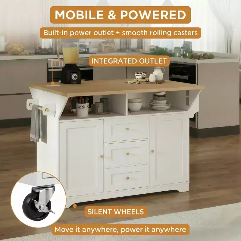 Rolling Kitchen Island with Power Outlet, Spice Rack & 2 Drop Leaf