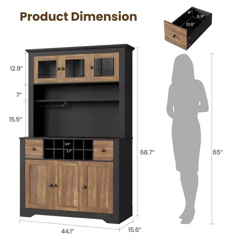 68.7'' Farmhouse Coffee Bar Cabinet, Tall Wine Bar with 10 Racks, Coffee Bar Hutch with Storage for Living Room