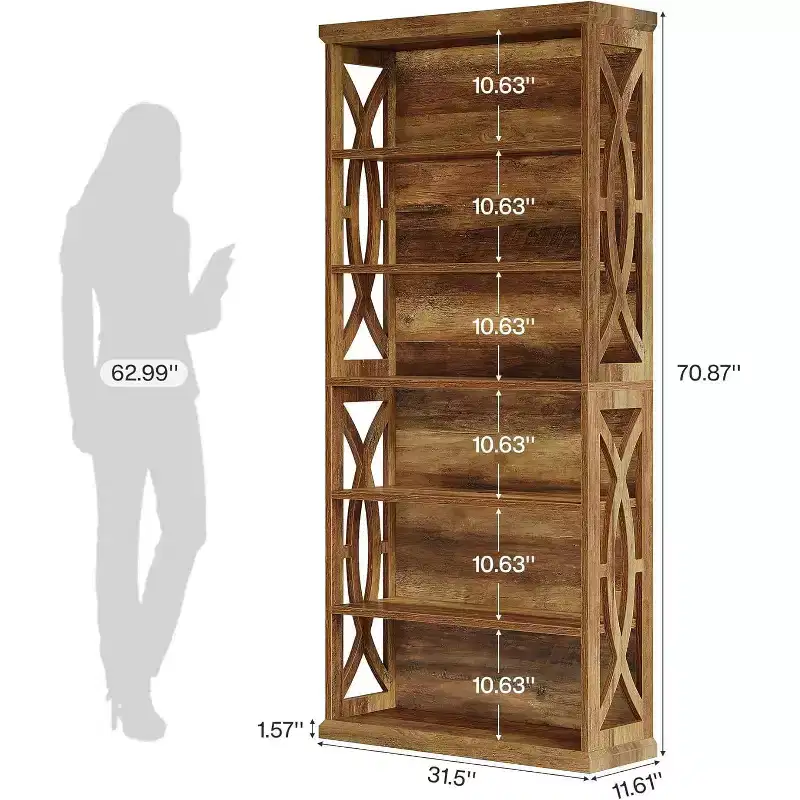 Lantine 71-Inch 6-Tier Bookshelf, Tall Industrial Wooden Bookcase and Display Shelves for Home Office, Living Room, Bedroom, Rustic Brown