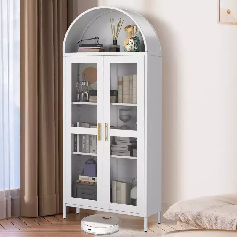 73 Tall Arched Pantry Cabinet,Versatile Cupboard with Glass Door, 2 Adjustable Shelves & Drawers,Modern Farmhouse Arched Bookcase